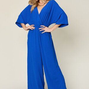 NWT Double Take Full Size Surplice Wide Leg Jumpsuit with Pockets